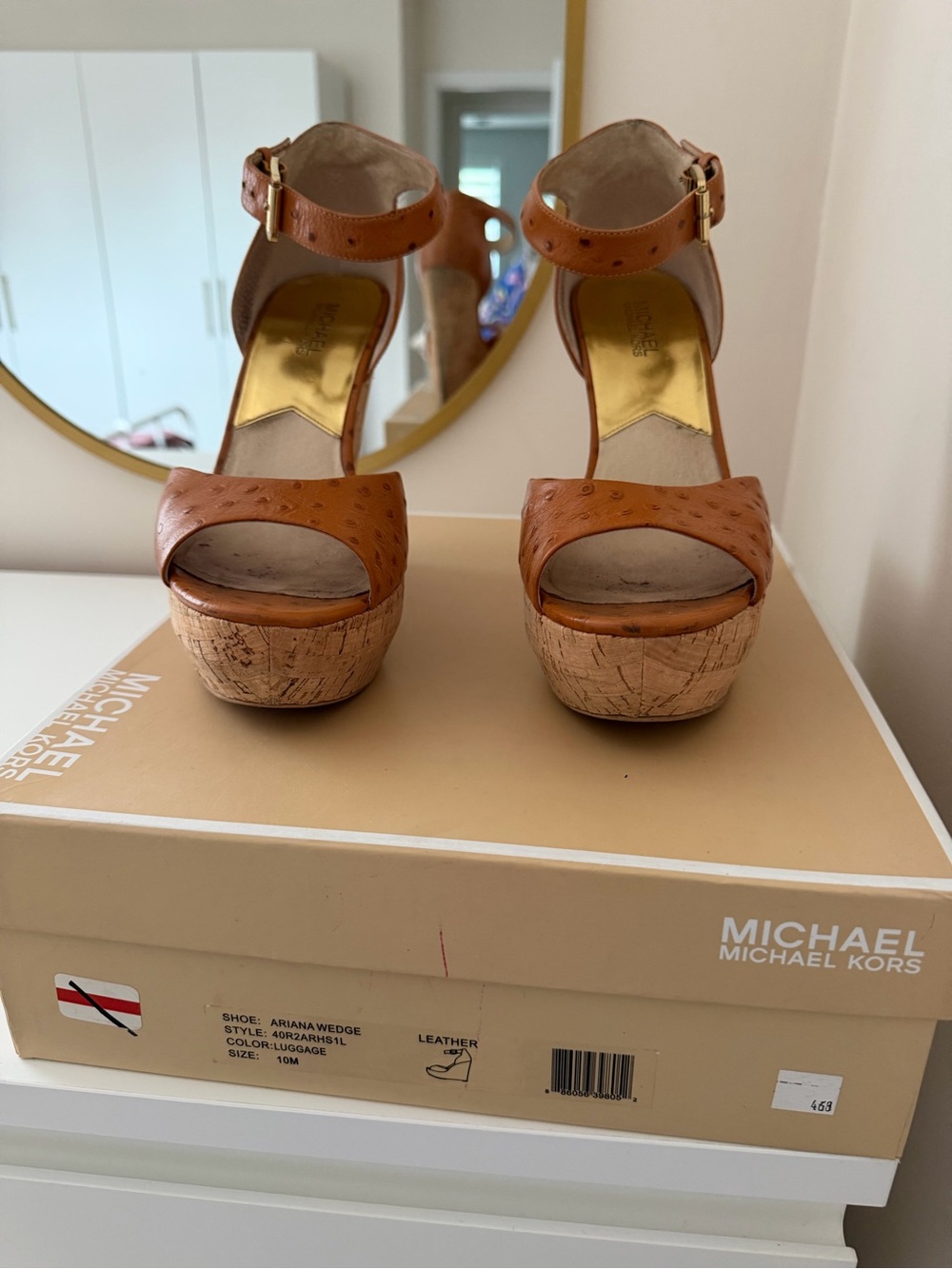 Michael Kors Luggage Brown Cork Platform Wedge Sandals with Ankle Strap
